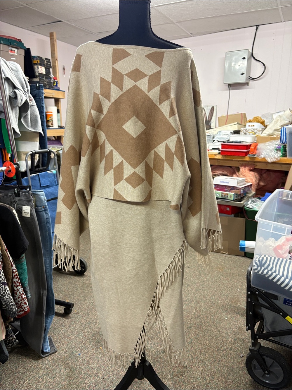Ariat Beige & Tan Geometric Fringe Poncho and skirt